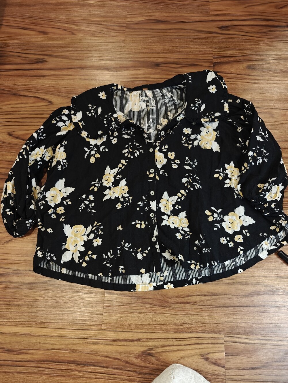 Free People Black Button-Down Top with Yellow Floral Print